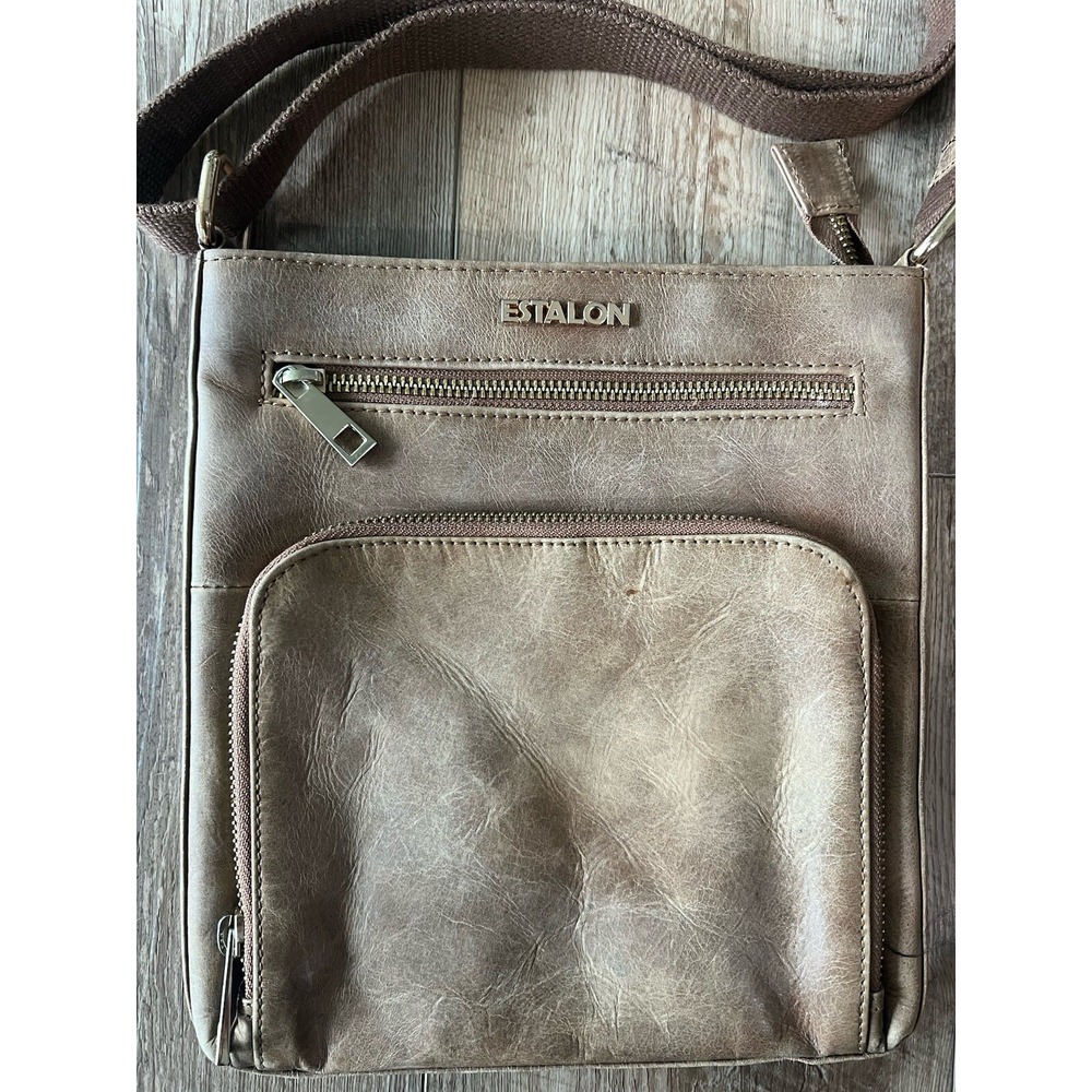 Estalon Cafe Brown Leather Crossbody Purse Messenger Bag 8.5L x 9H x 1.5W.